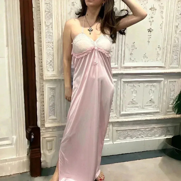 Vintage old Hollywood glamour cottagecore fairy satin maxi slip/sleep dress M - Picture 1 of 7
